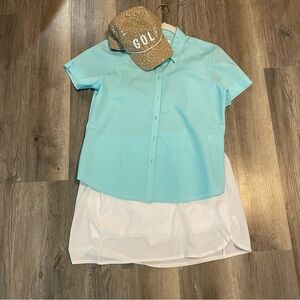 Foxcroft Blue Short Sleeve Button Down Shirt Wrinkle Free Shaped Size 14 Petite